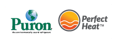 Puron logo, green and blue, with Perfect Heat logo, orange and gray.