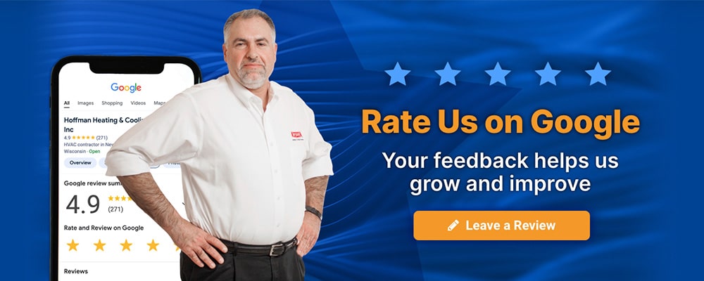 Hoffman Heating Owner, Greg, with Rate Us on Google review button.