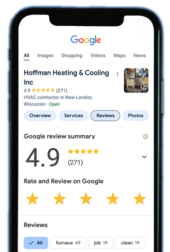 Google reviews on mobile phone showing Hoffman 4.9 ratings.
